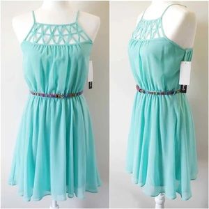 Sequin Hearts caged high neck belted mini dress in light blue